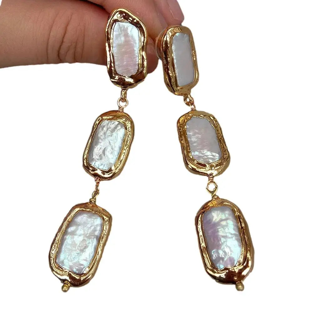 White Biwa Pearl edge Freshwater Cultured Dangle Wrap Stud Earrings