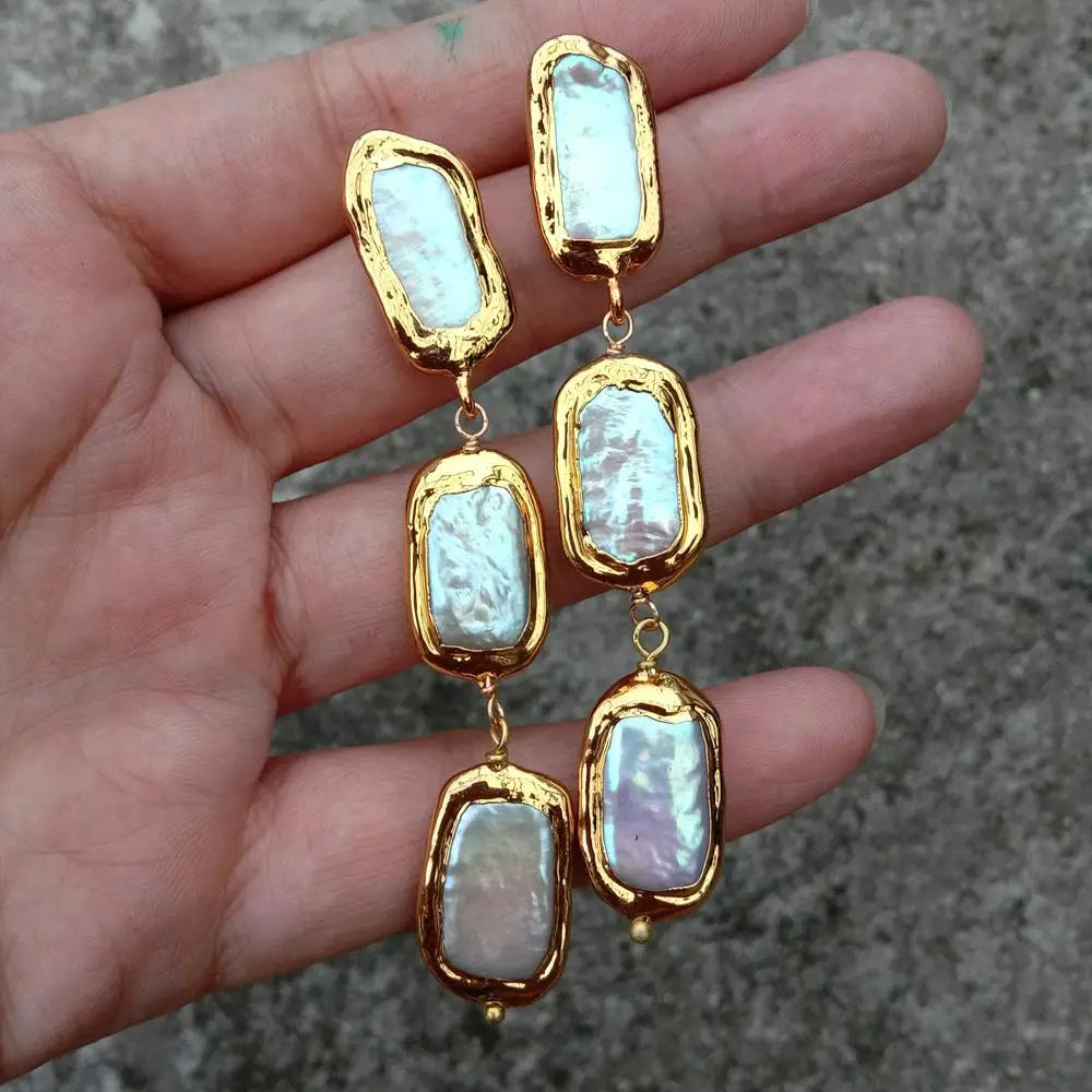 White Biwa Pearl edge Freshwater Cultured Dangle Wrap Stud Earrings