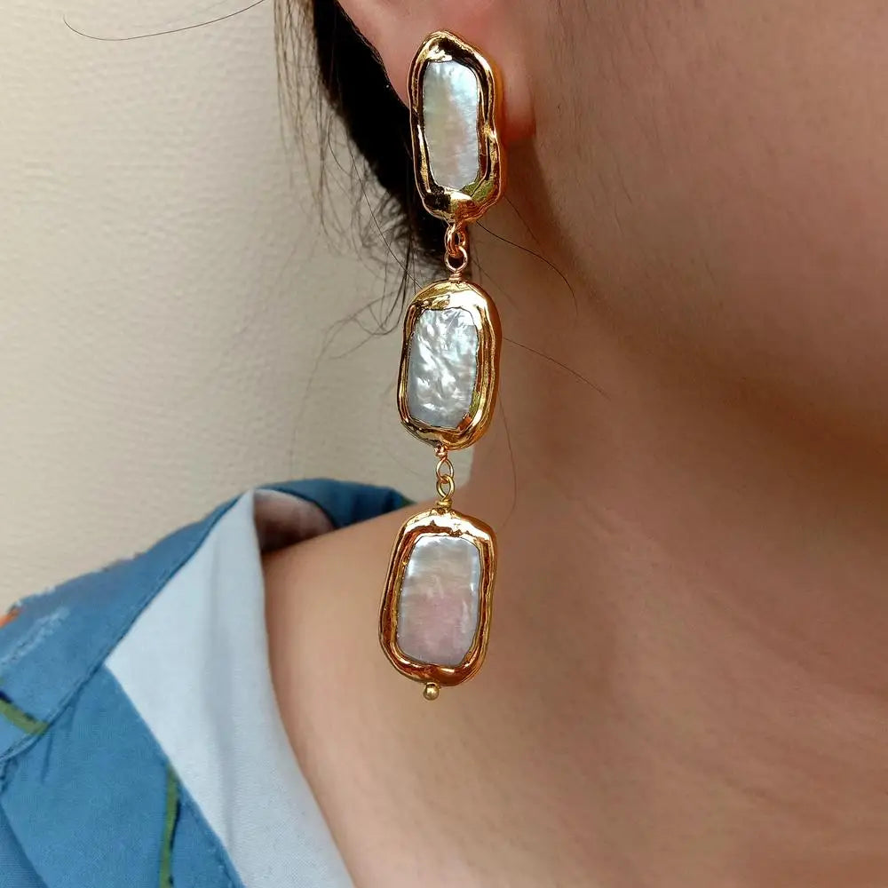 White Biwa Pearl edge Freshwater Cultured Dangle Wrap Stud Earrings