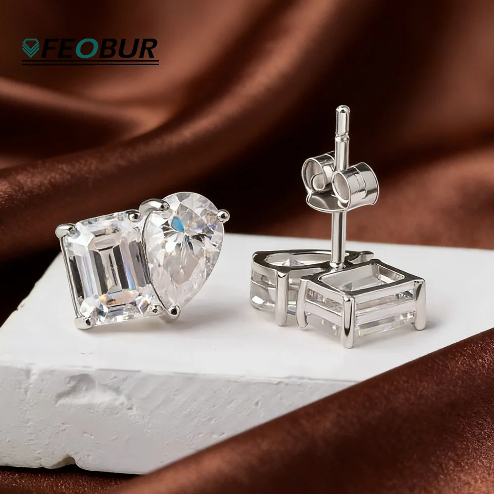 Two Stone Pear & Emerald Cut Stud Earrings