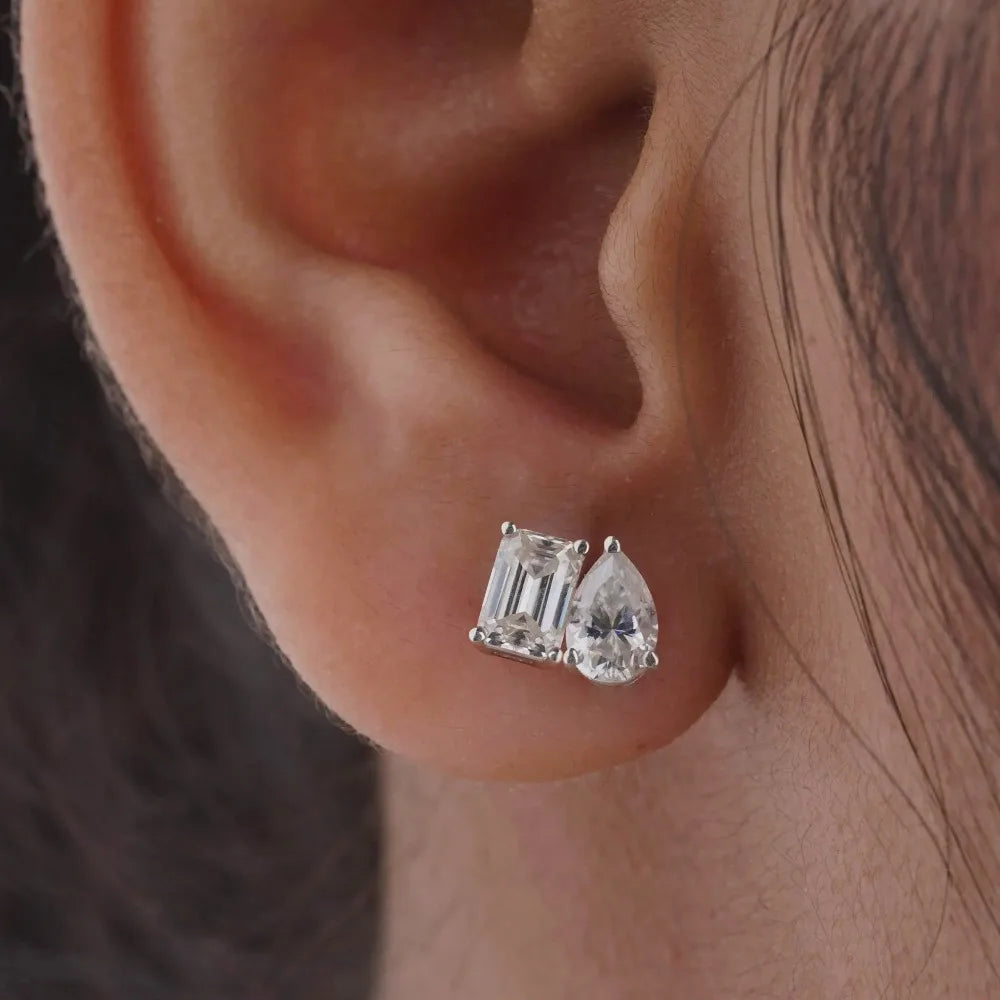 Two Stone Pear & Emerald Cut Stud Earrings