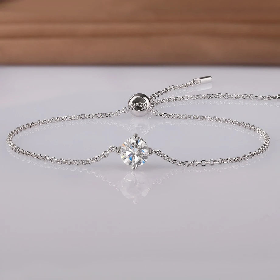 Silver Round Lab Diamond Charm Hand Chain Adjustable Bracelet