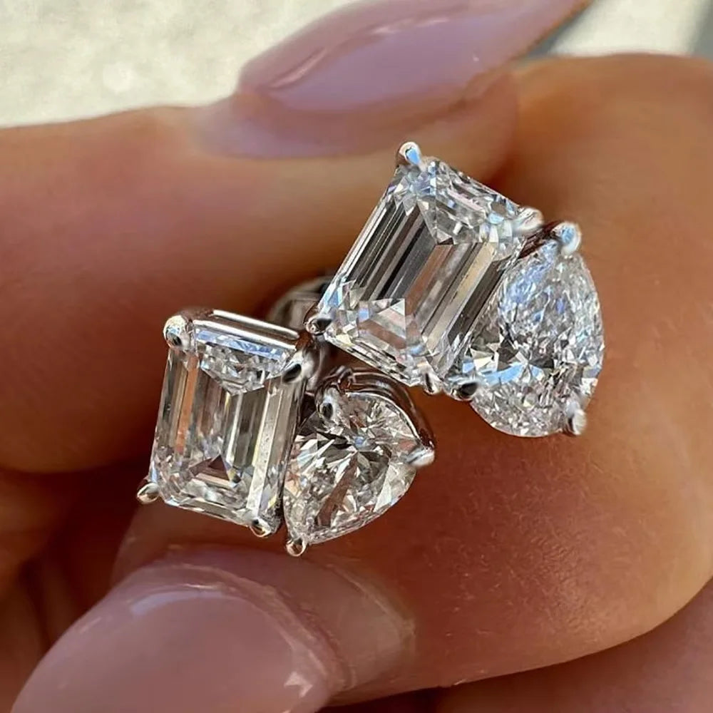 Two Stone Pear & Emerald Cut Stud Earrings