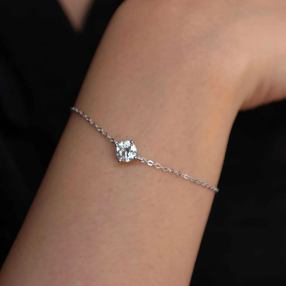 Silver Round Lab Diamond Charm Hand Chain Adjustable Bracelet