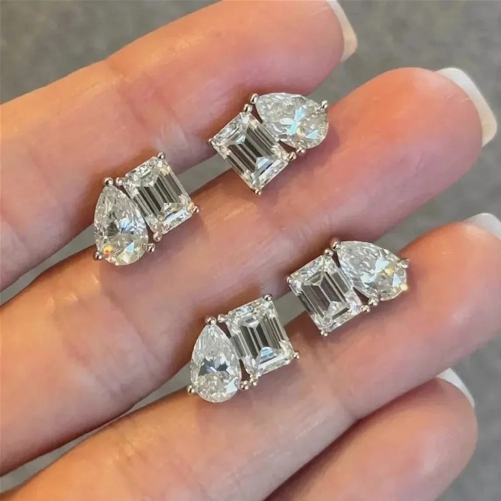 Two Stone Pear & Emerald Cut Stud Earrings