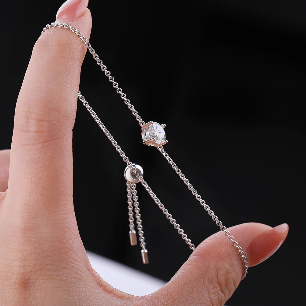 Silver Round Lab Diamond Charm Hand Chain Adjustable Bracelet