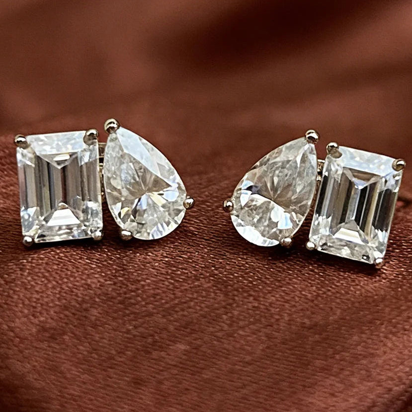 Two Stone Pear & Emerald Cut Stud Earrings
