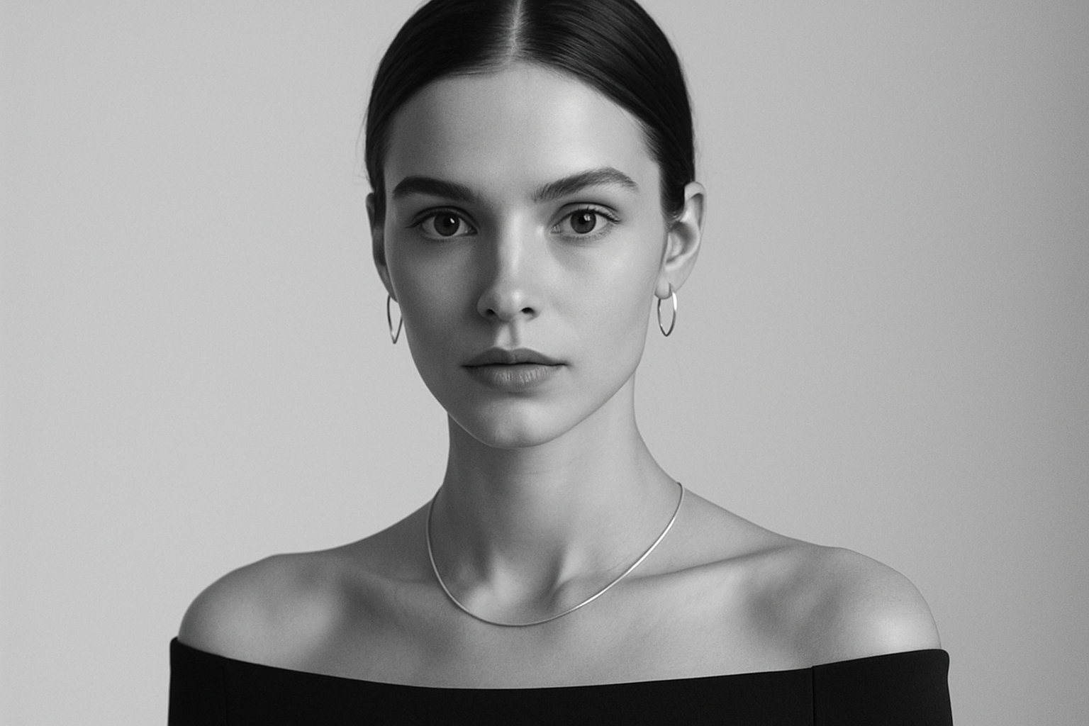 create a female model wearing simple jewelry looking at the camera elegant minimalistic and has to be black and white picture