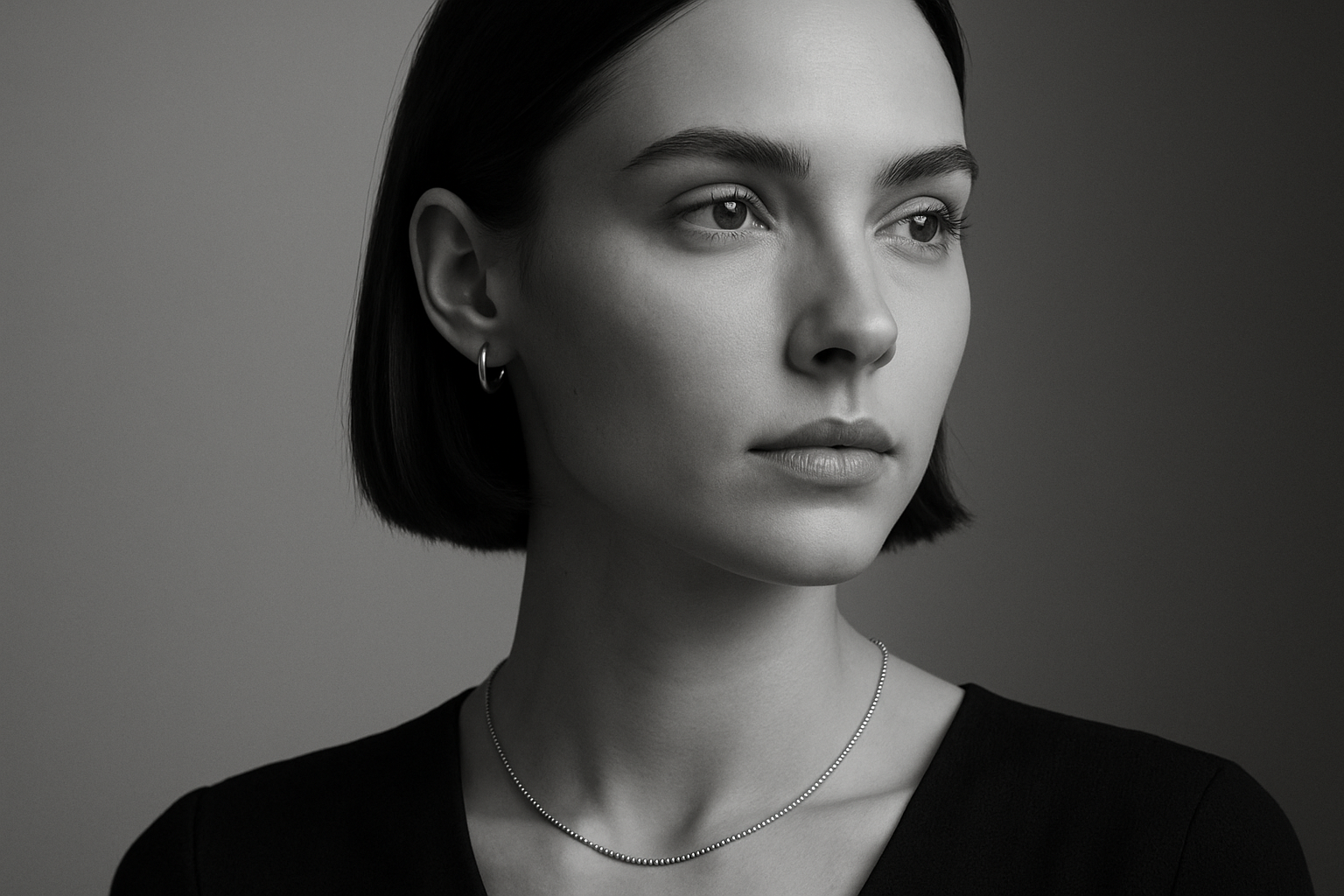 with simple earrings and necklace and black and white picture